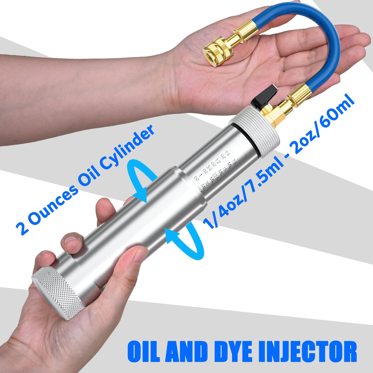 HTOMT close-up of laser engraved scale and check valve for precise oil measurement benefit