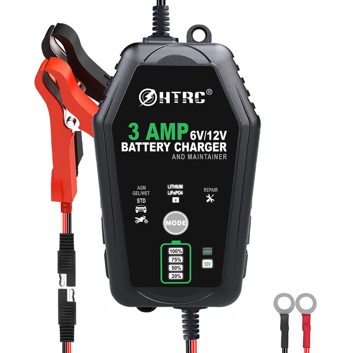 HTRC front view of charger showing compact housing and ports for easy storage