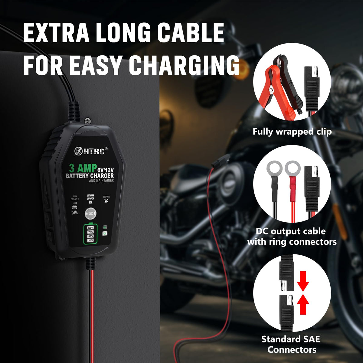 HTRC charger in hand for scale showing compact, portable design and convenience
