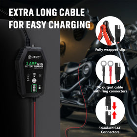 HTRC charger in hand for scale showing compact, portable design and convenience