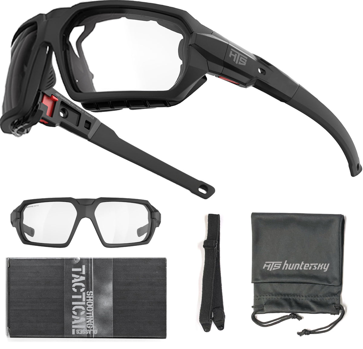 HTS HUNTERSKY full kit laid out: frame, gasket, strap, and pouch
