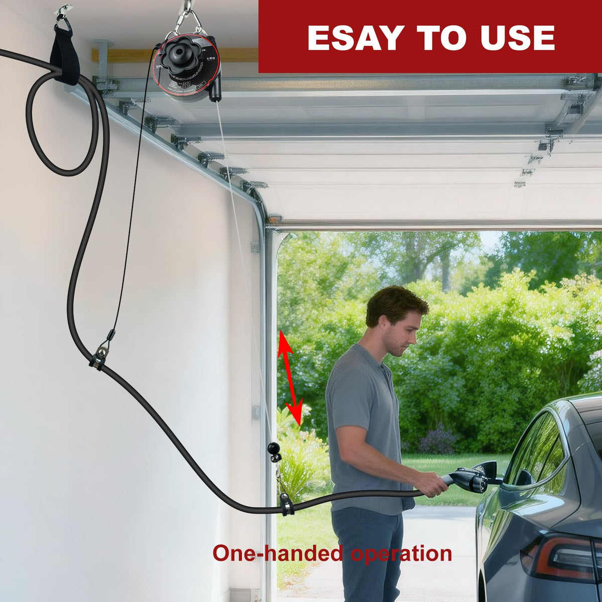 HTtoy in a tidy garage lifestyle scene showing clutter-free charging benefit