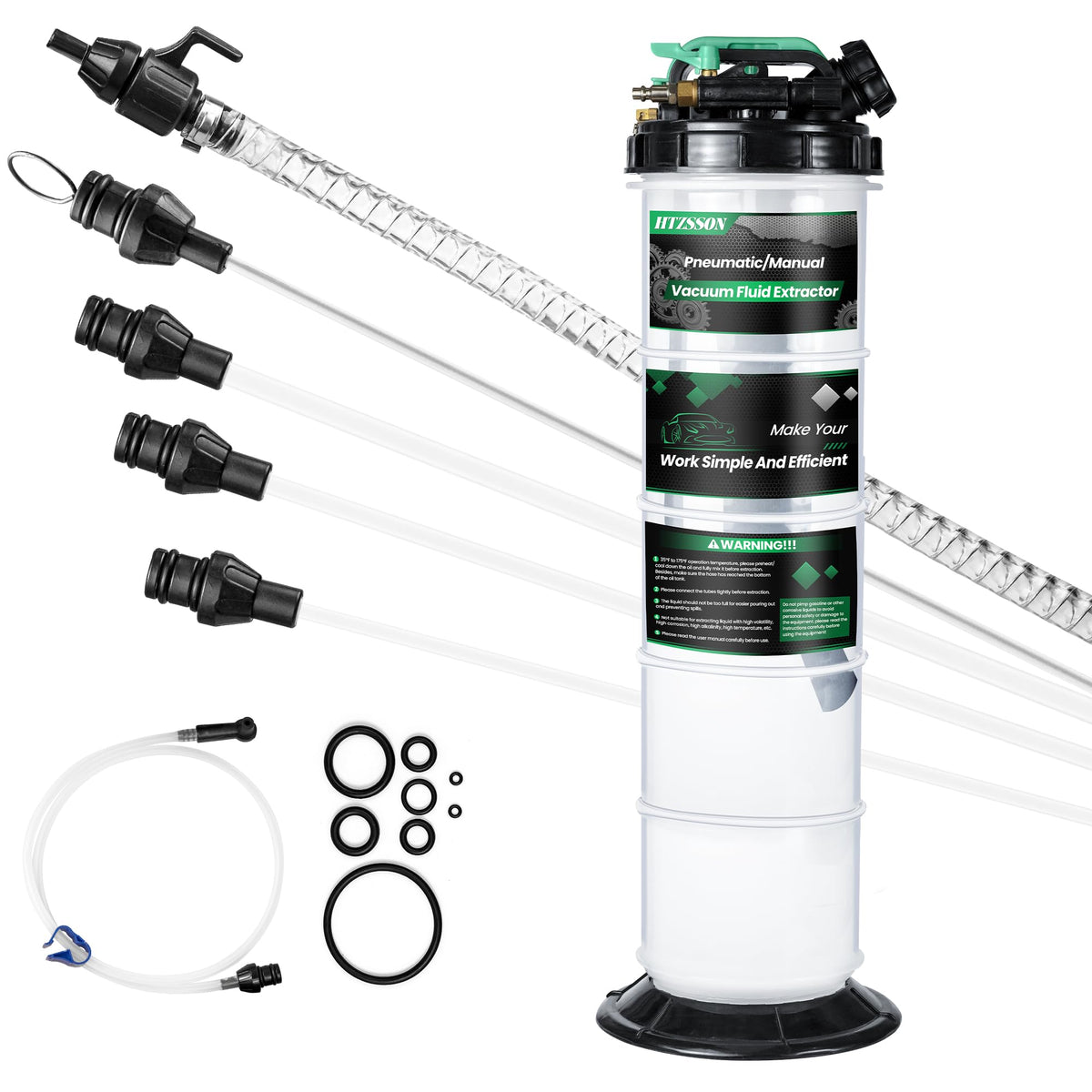 HTZSSON front view of extractor showing tank and handle for faster oil changes