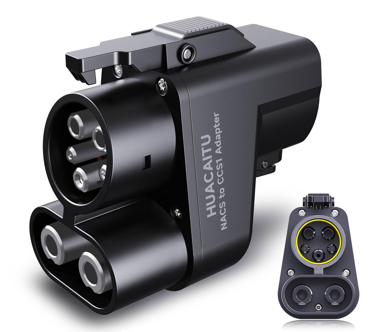 HUACAITU front view adapter showing NACS to CCS1 plug and quick connection benefit