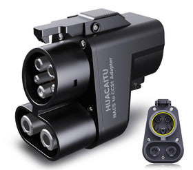 HUACAITU front view adapter showing NACS to CCS1 plug and quick connection benefit