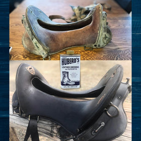 Huberd Shoe Grease Co. tin beside a ruler showing compact size for travel convenience