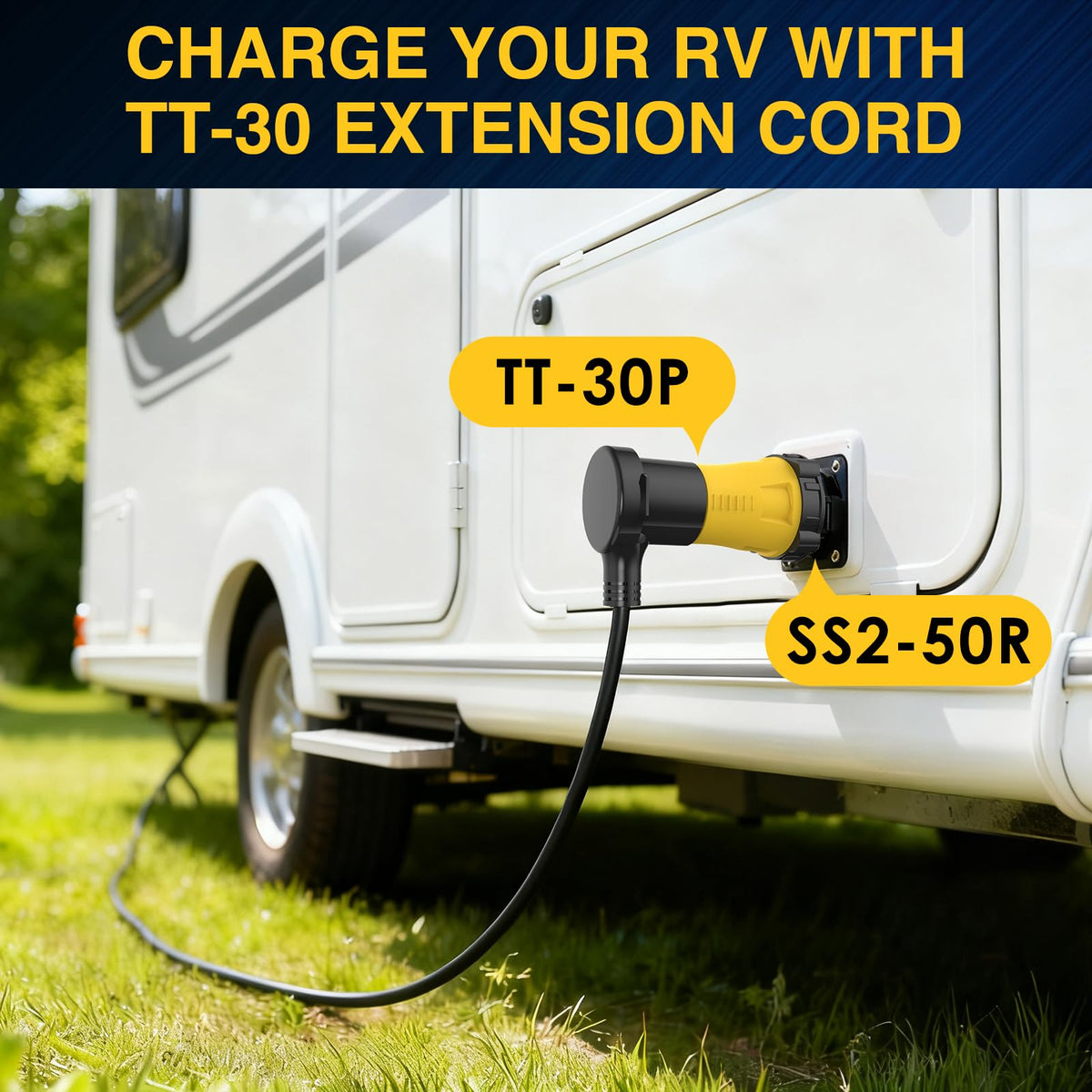 HUBRV adapter in use on an RV shore power inlet for convenient campsite power
