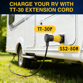 HUBRV adapter in use on an RV shore power inlet for convenient campsite power