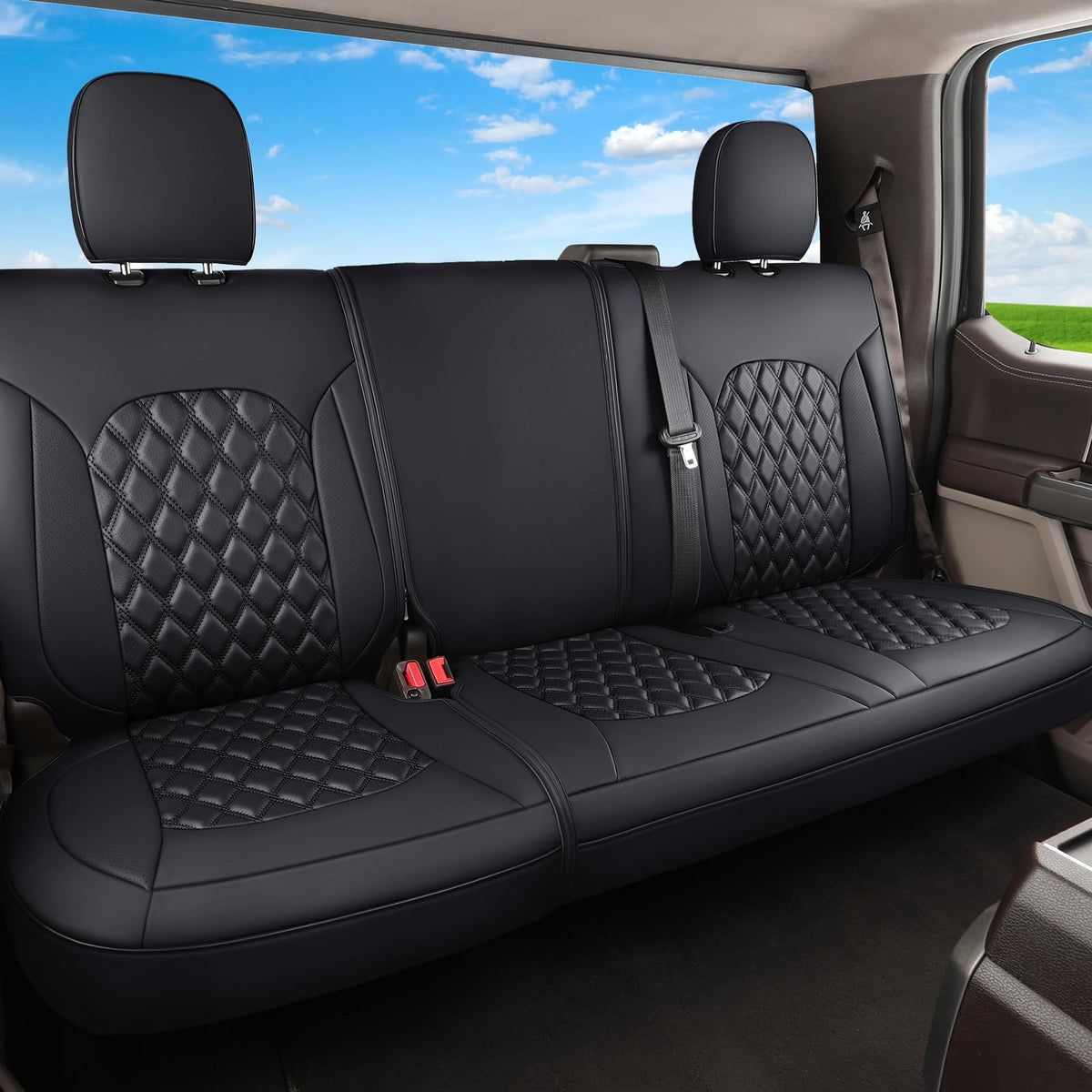 Huidasource rear seat cover front view showing full back-row protection and sleek finish
