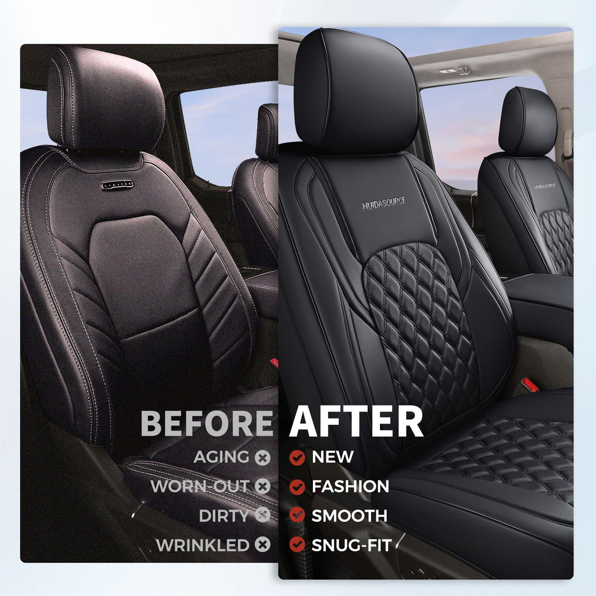 Huidasource seat cover partially installed demonstrating snug fit and easy attachment