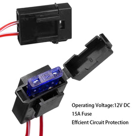 HUIQIAODS inline fuse box close-up showing 15A blade fuse benefit circuit overcurrent protection