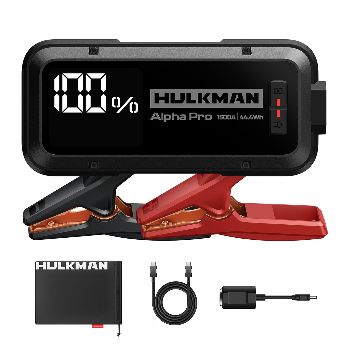 Hulkman Alpha Pro front view showing compact jump starter and benefits of portability