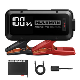 Hulkman Alpha Pro front view showing compact jump starter and benefits of portability