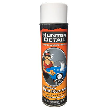 Hunter Detail front view of 19oz Bug Kutter can showing label and capacity, convenient storage benefit