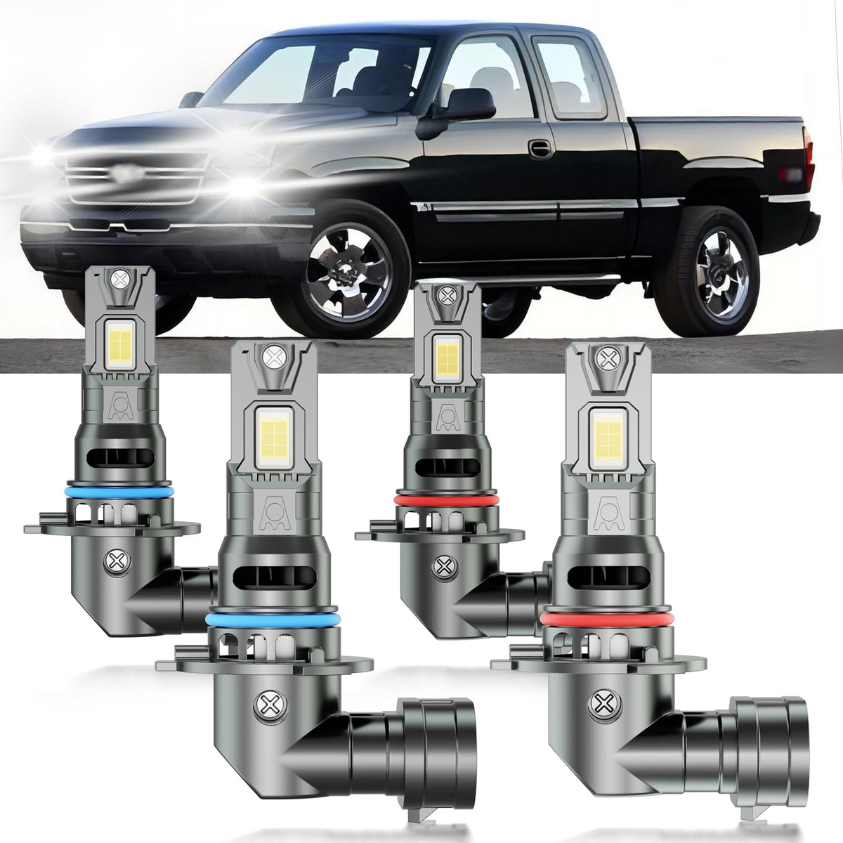 HUOKEDS front packaging showing 4 bulbs and fitment for Silverado, clear product info and benefit