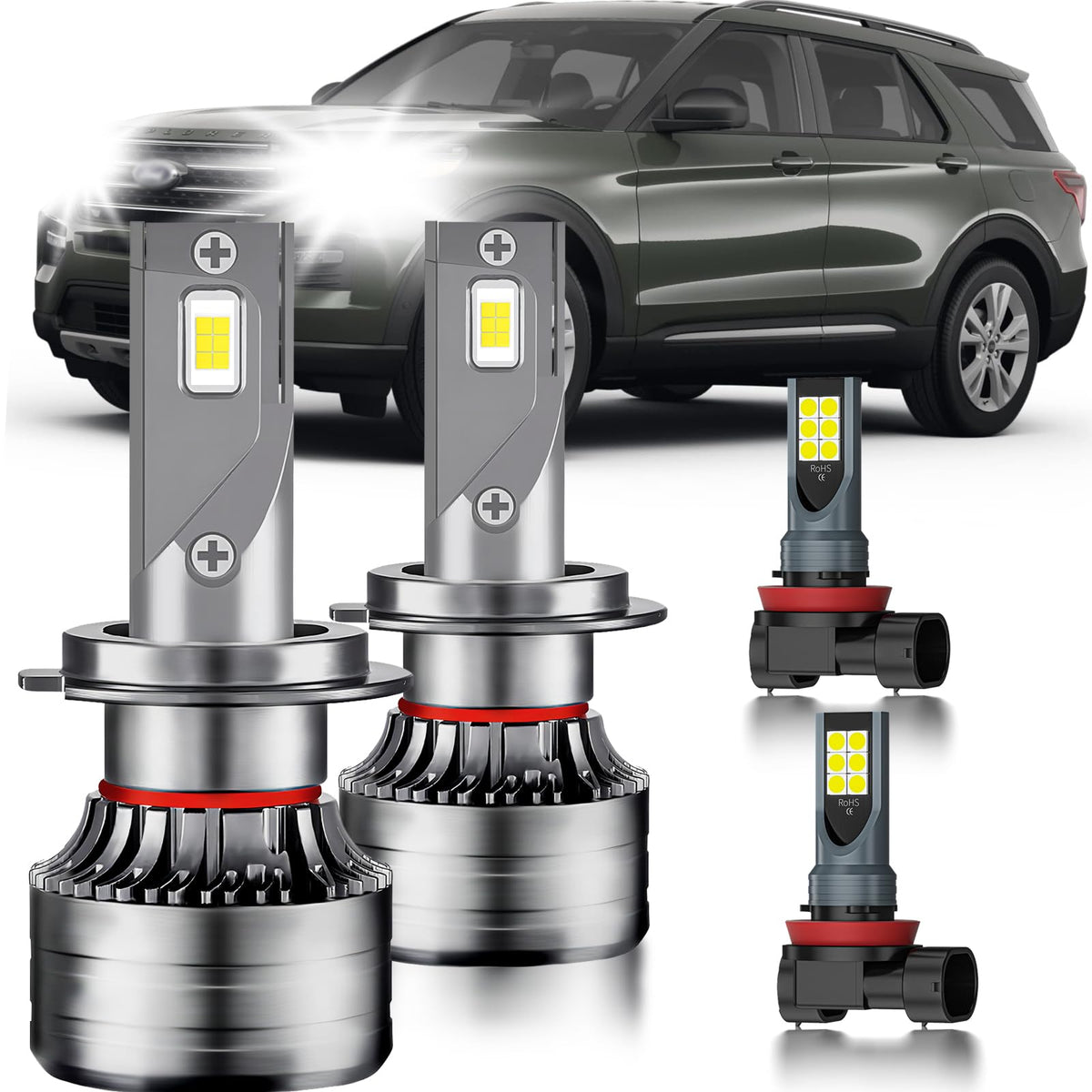 HUOKEDS front packaging showing complete 4-piece Explorer bulb kit and easy fit benefit