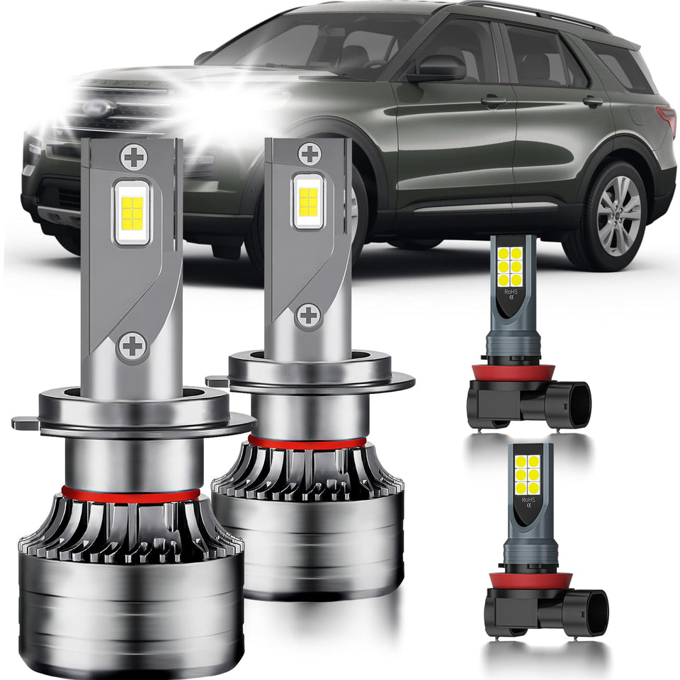 HUOKEDS front packaging showing complete 4-piece Explorer bulb kit and easy fit benefit