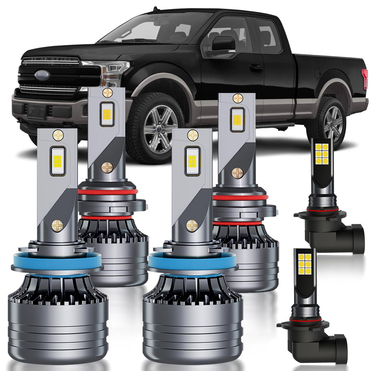 HUOKEDS front packaging showing 6-piece F150 bulb kit and benefits