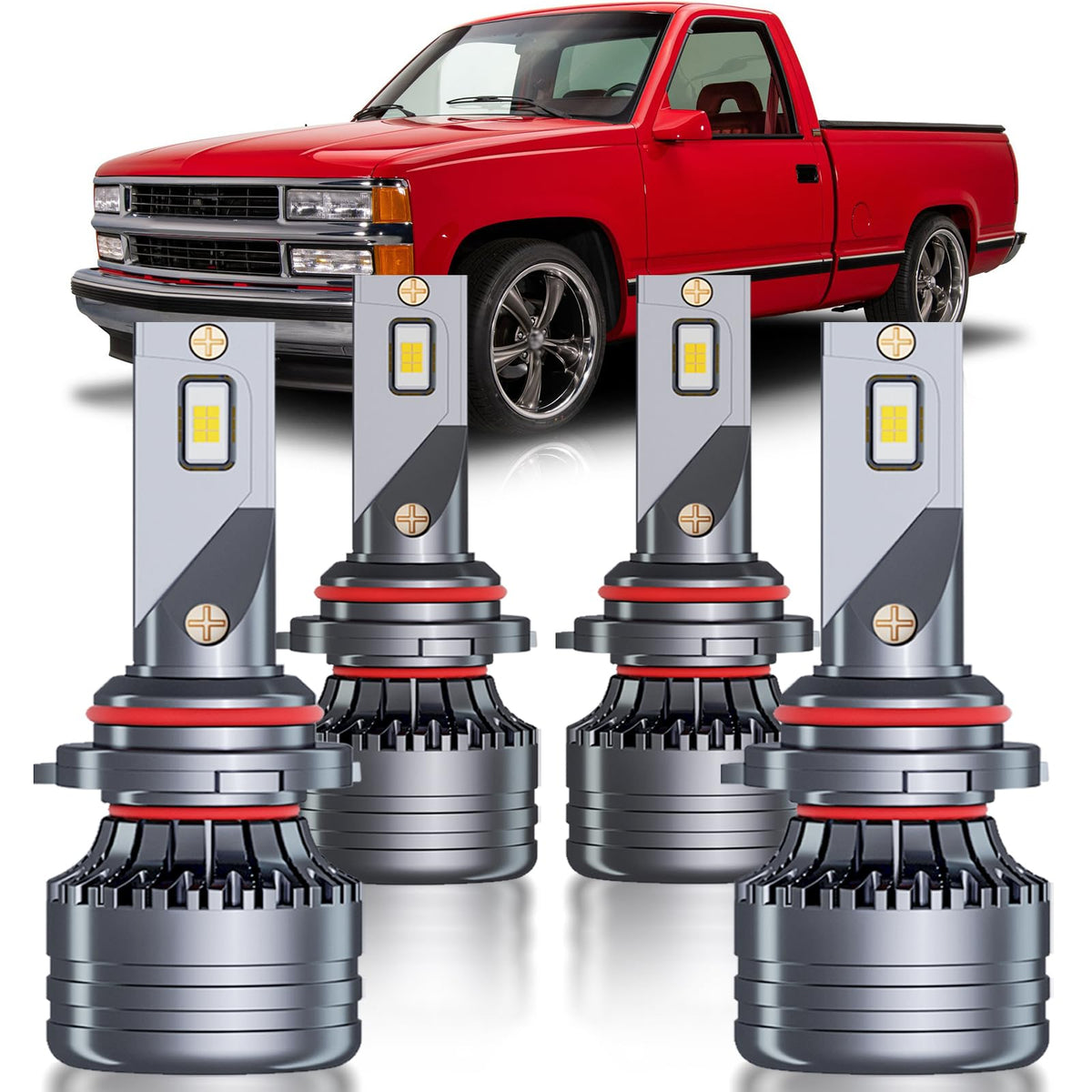 HUOKEDS front packaging view showing four-bulb kit and fitment for Silverado, clear product identity and benefit