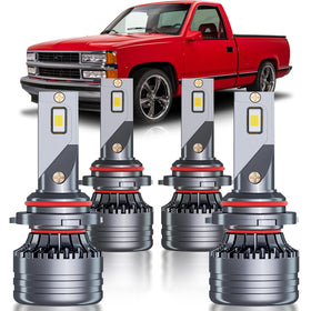 HUOKEDS front packaging view showing four-bulb kit and fitment for Silverado, clear product identity and benefit
