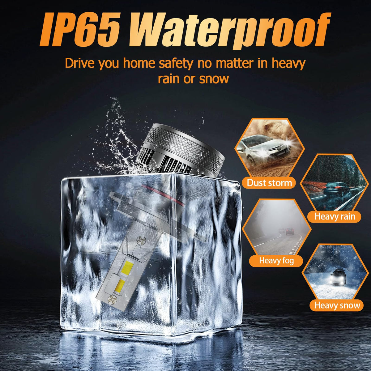 HUOKEDS bulb label showing IP65 rating and weather protection benefit
