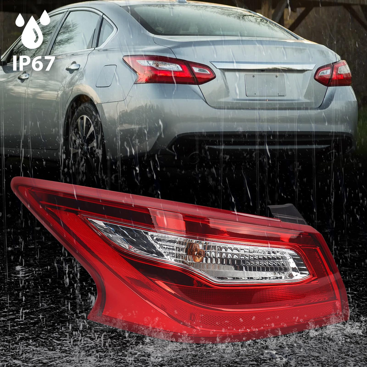 Huray tail light illuminated at night on Altima showing visibility and style benefit: improved rear signaling