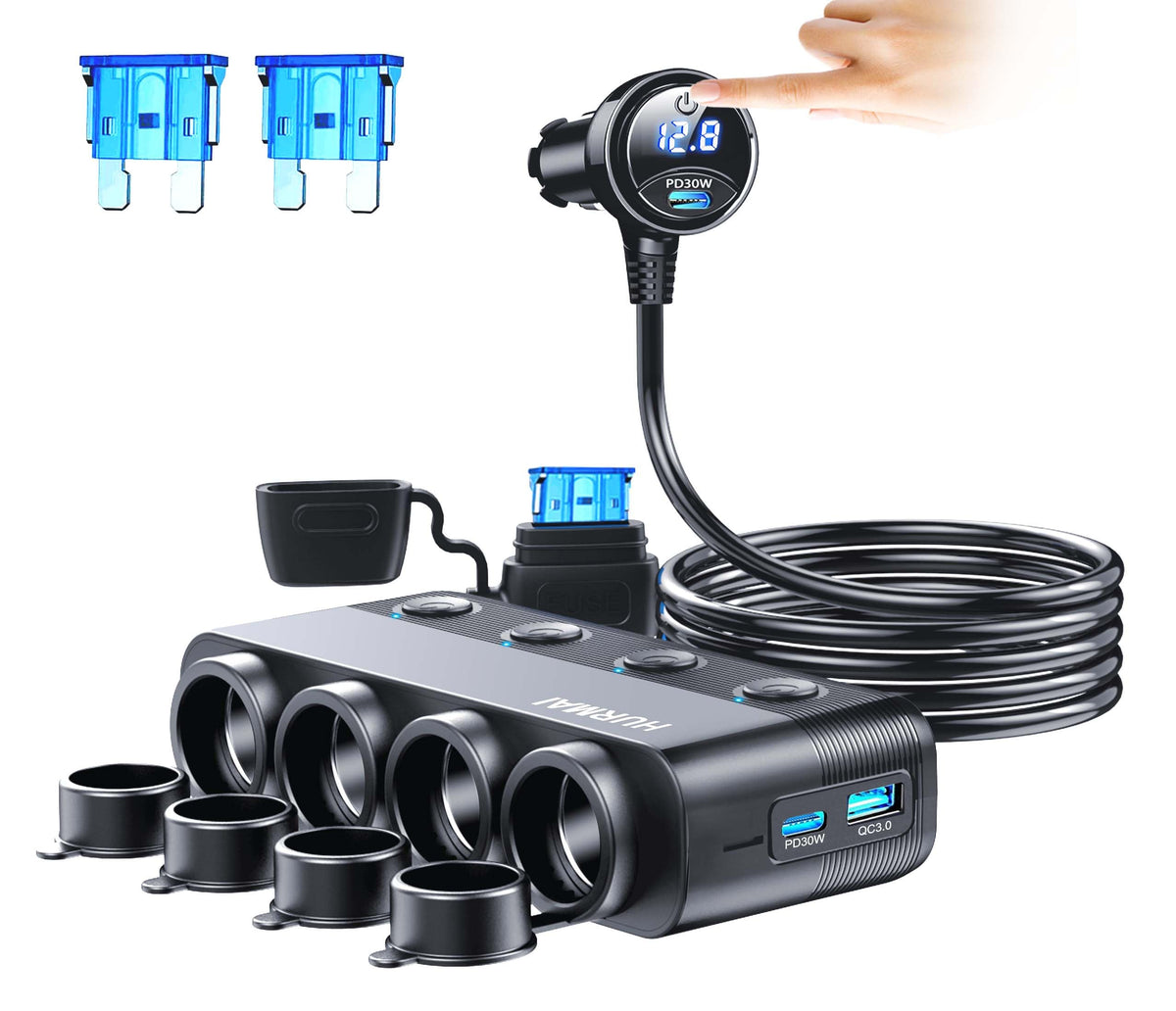 HURMAI front view of power hub showing four sockets and ports for flexible charging