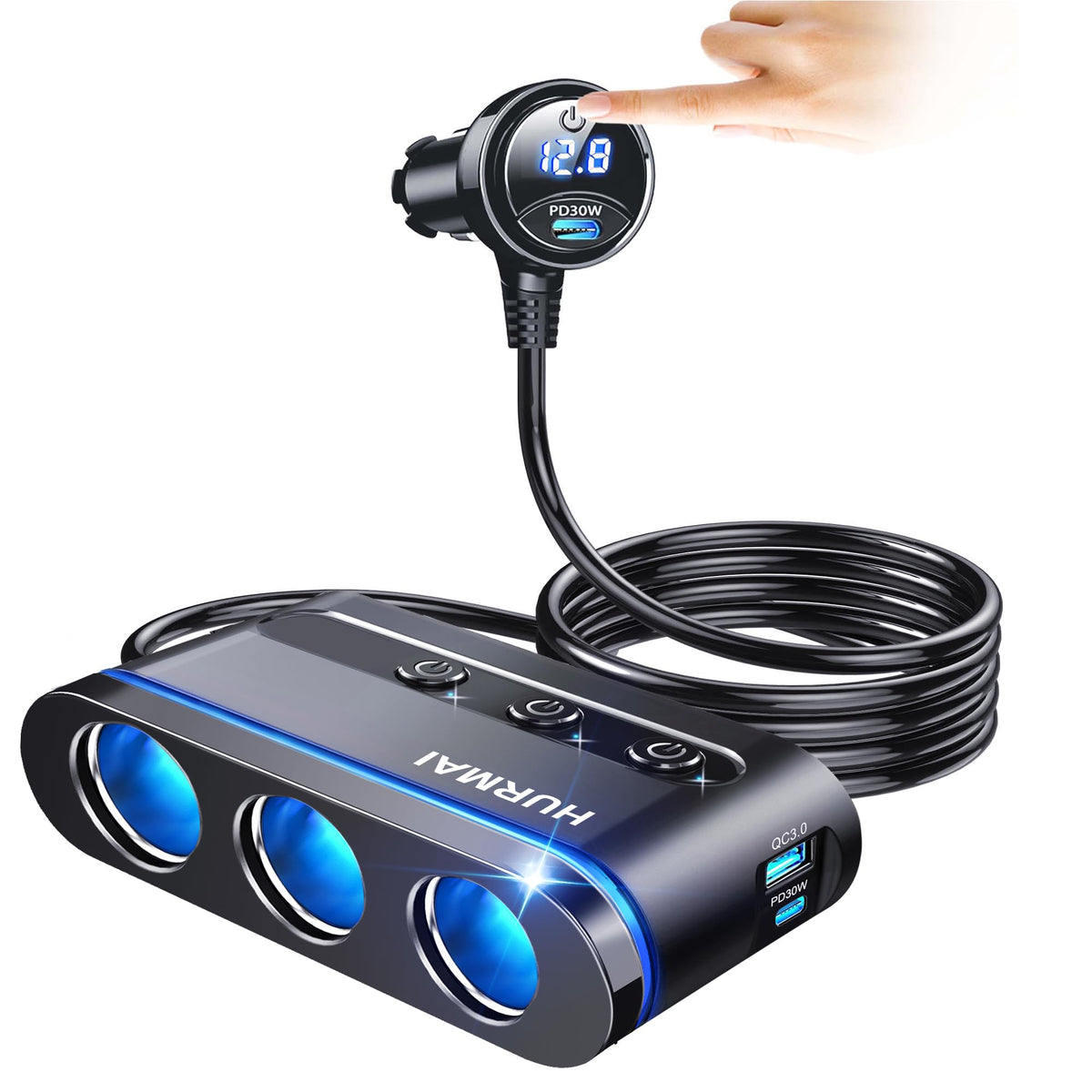 HURMAI front view of splitter showing all sockets and USB ports for versatile charging