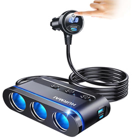 HURMAI front view of splitter showing all sockets and USB ports for versatile charging