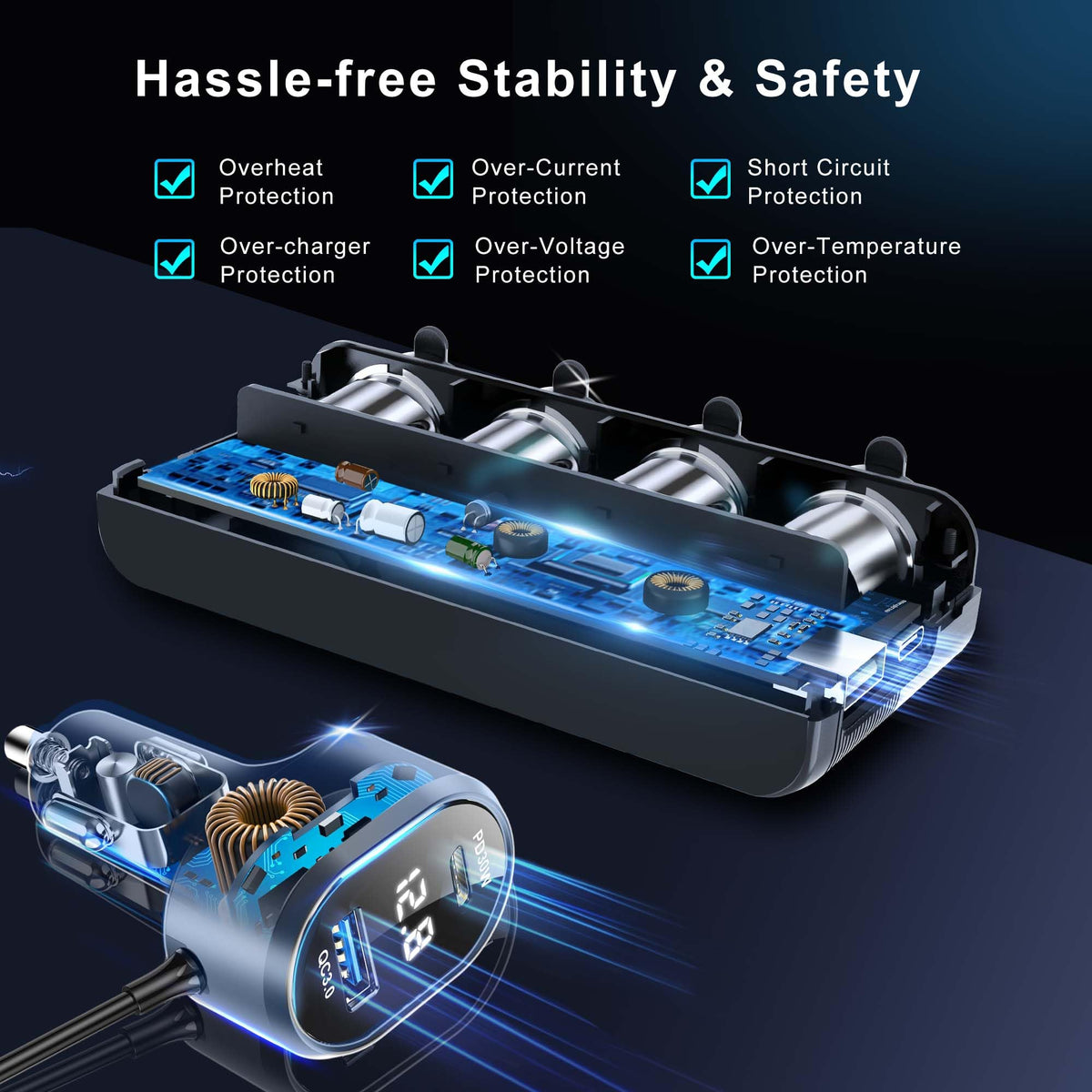 HURMAI installed in car cigarette outlet, powers multiple accessories on the go