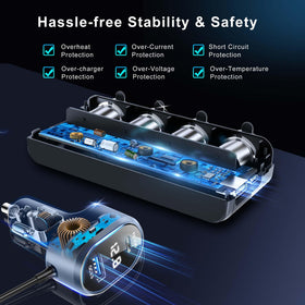 HURMAI installed in car cigarette outlet, powers multiple accessories on the go