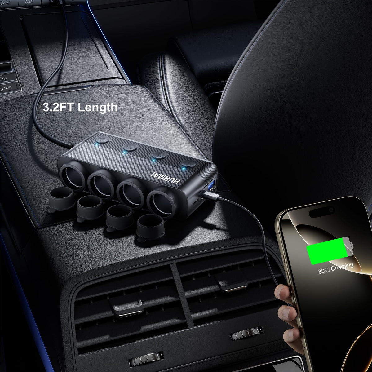 HURMAI adapter plugged into car dashboard powering multiple devices on trip