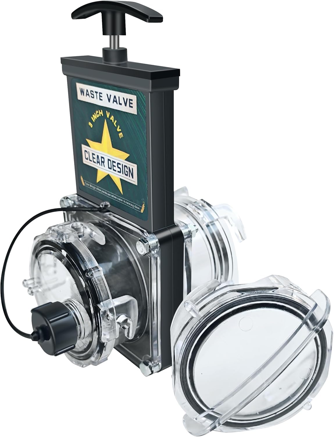 hurrventer front view of clear waste valve shows easy inspection benefit