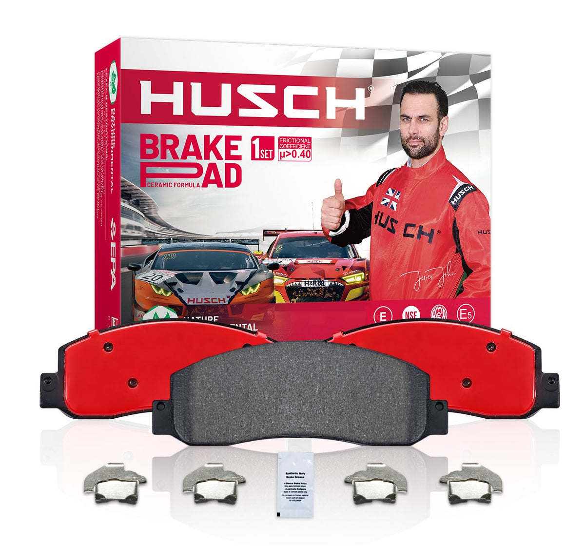 HUSCH rear ceramic brake pads front view showing precise fit and easy installation benefit