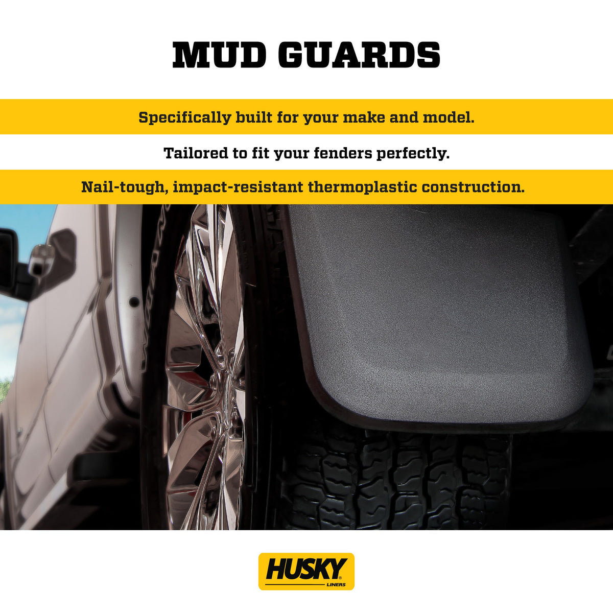 Husky Liners installed front mud guard on Ram 2500 showing factory fit