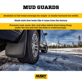 Husky Liners rear mud guard mounted to wheel well protecting underbody from debris