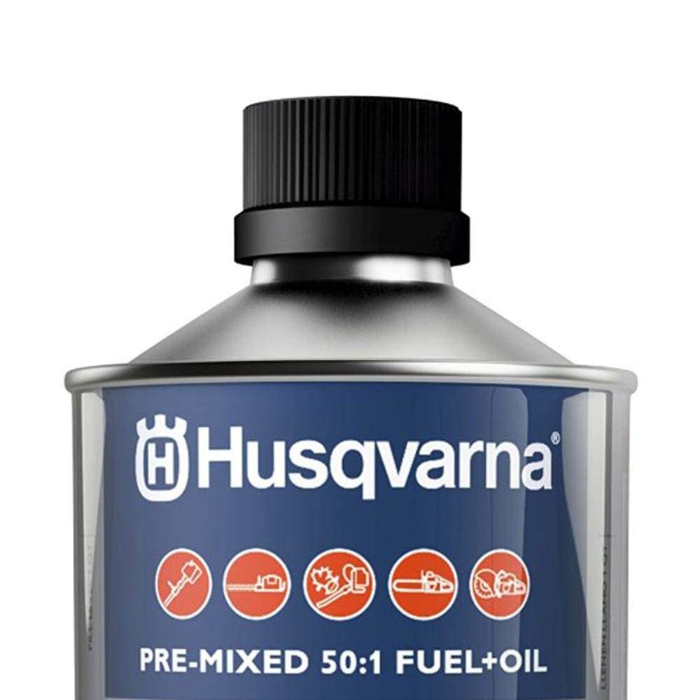 Husqvarna fuel being poured into a chainsaw for quick start convenience