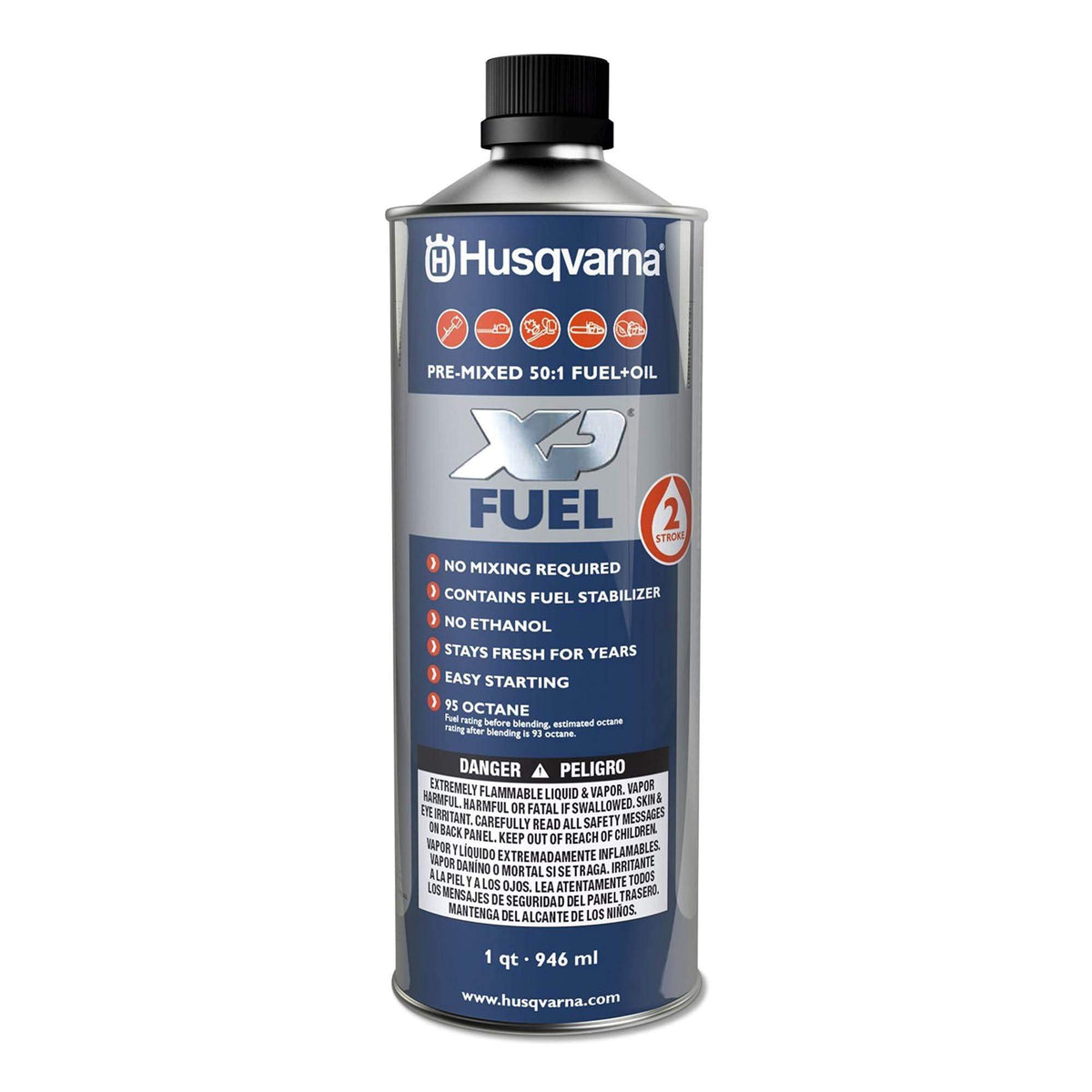 Husqvarna label closeup highlighting 50:1 ratio and JASO-FD oil