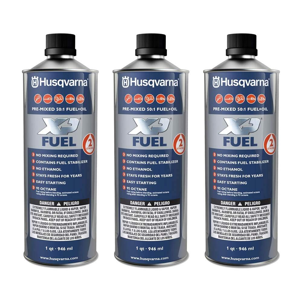 Husqvarna front packaging showing three quarts and easy pour benefits