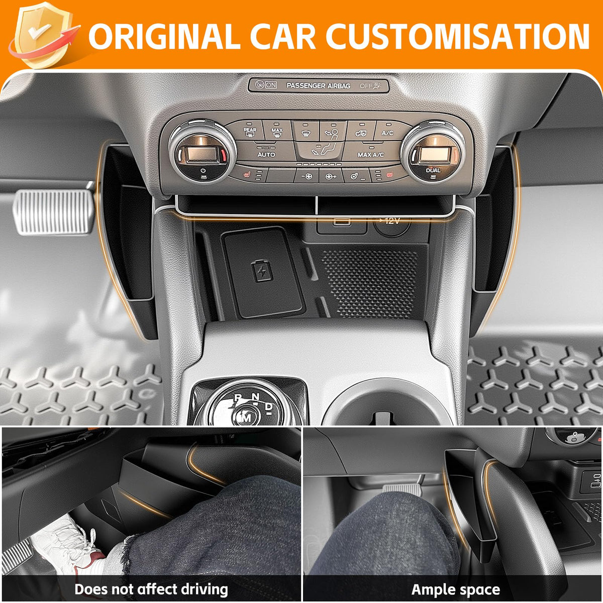 HUYINPJ installed in Ford interior demonstrating tidy storage and easy reach