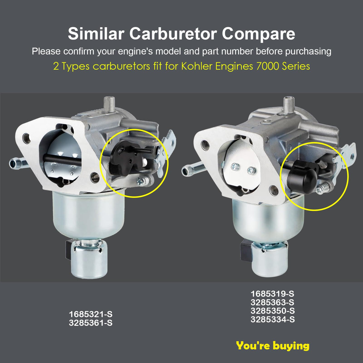 HUZTL carburetor mounted on Kohler engine demonstrating direct-fit confidence