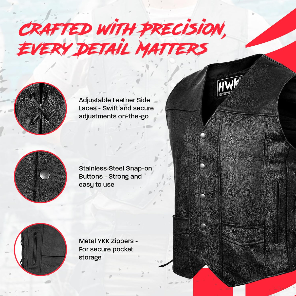 HWK Motorsports Apparel close-up of YKK zippers and snaps for reliable security