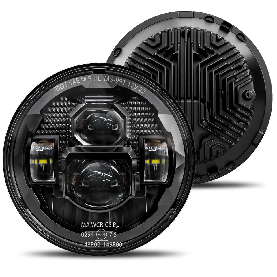 HWSTAR front view of 7-inch LED headlight showing face and benefit of uniform brightness