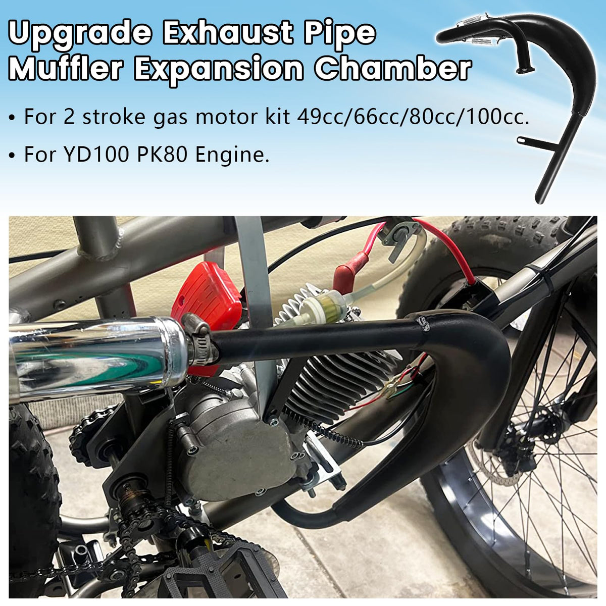 HXGXKBQ exhaust mounted on a motorized bike showing fitment benefit