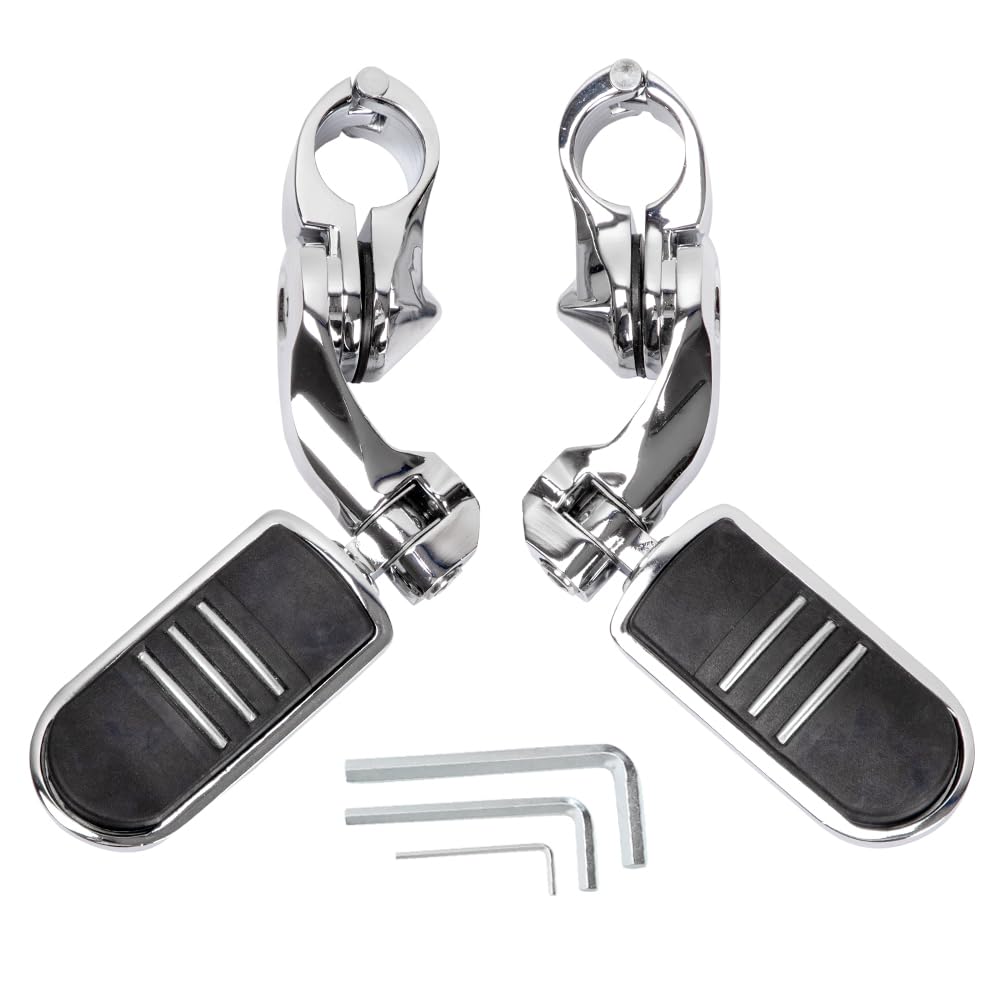 HY-SPEED chrome highway pegs front view showing polished finish and mounting clamp benefits grip