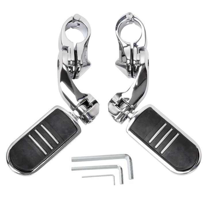 HY-SPEED chrome highway pegs front view showing polished finish and mounting clamp benefits grip
