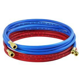 Hybrilis front-view of 10ft red and blue hose set showing packaging and labels for quick identification