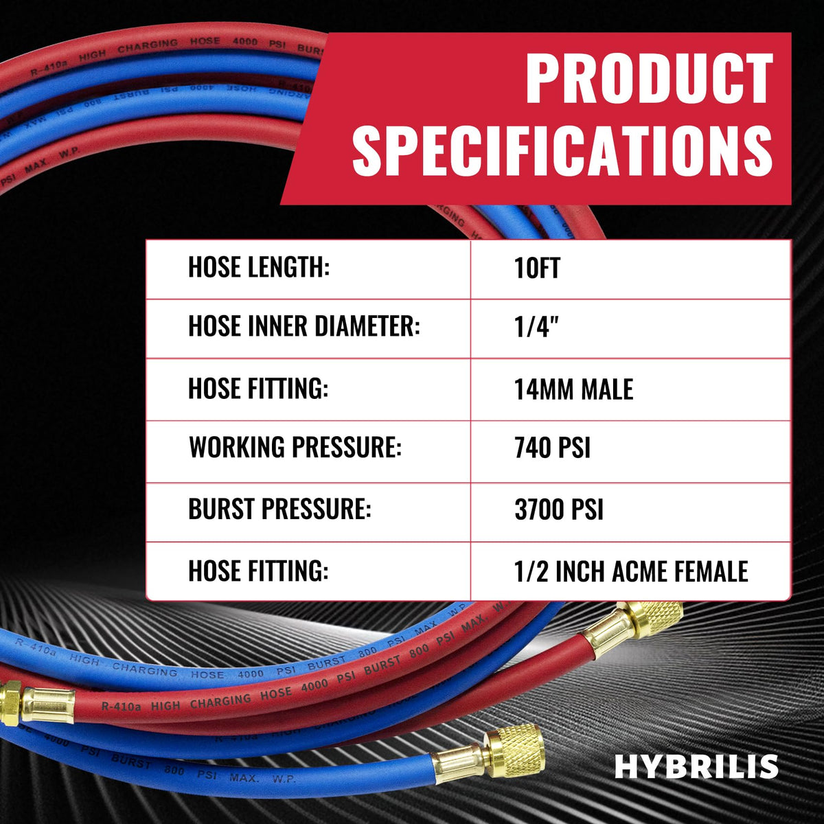Hybrilis hose connected to vehicle A/C service port demonstrating professional use and time-saving hookup