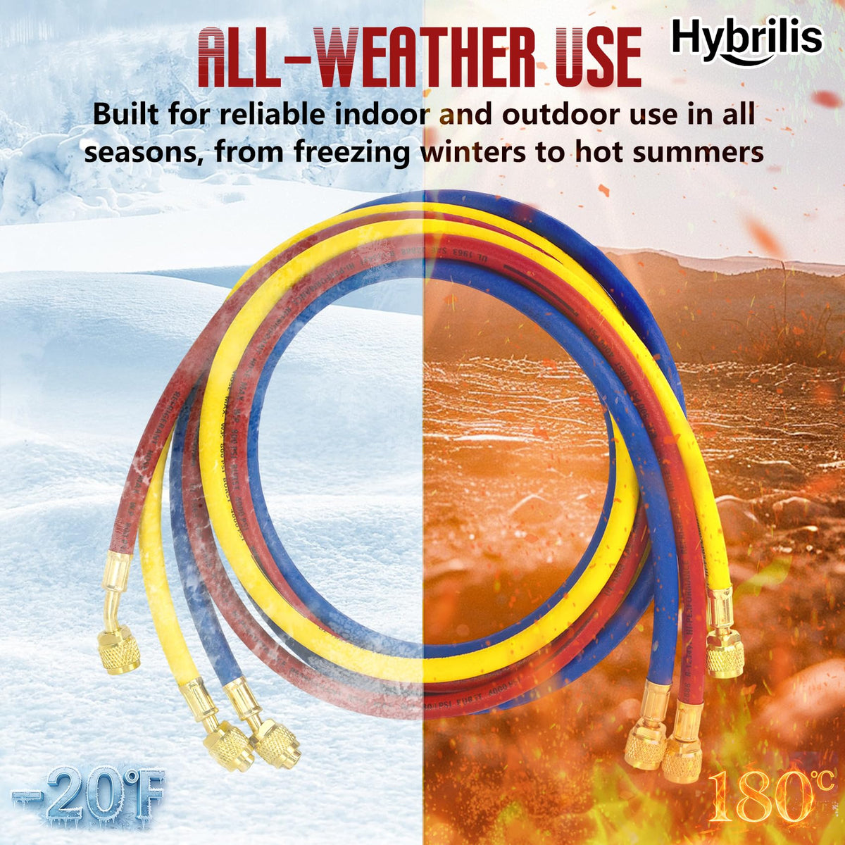 Hybrilis hose connected to refrigeration manifold for efficient service