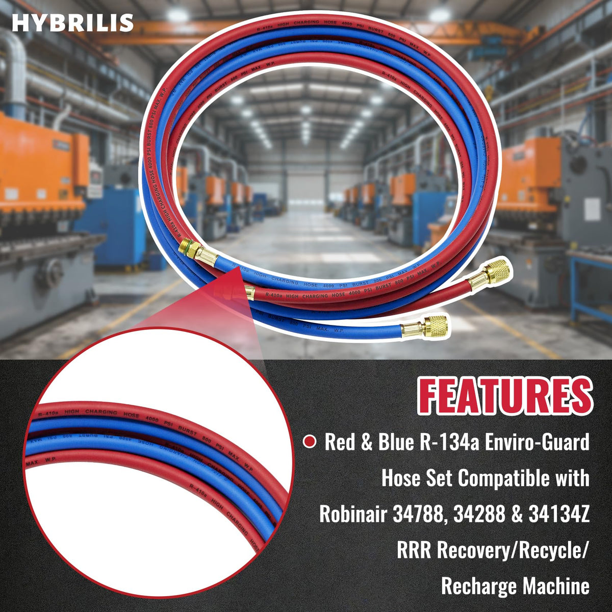 Hybrilis printed pressure label displaying 740 PSI working rating and 3700 PSI burst for safety assurance
